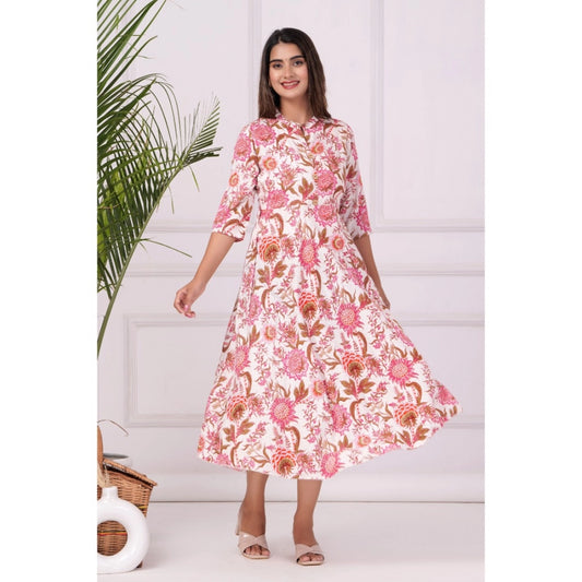Women's Casual 3/4 Sleeve Printed Rayon Anarkali Gown (Pink)