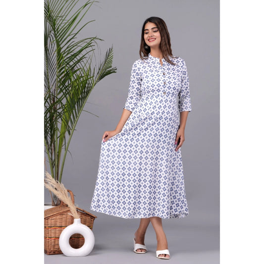 Women'sCasual 3/4 Sleeve Printed Rayon Anarkali Gown(White)