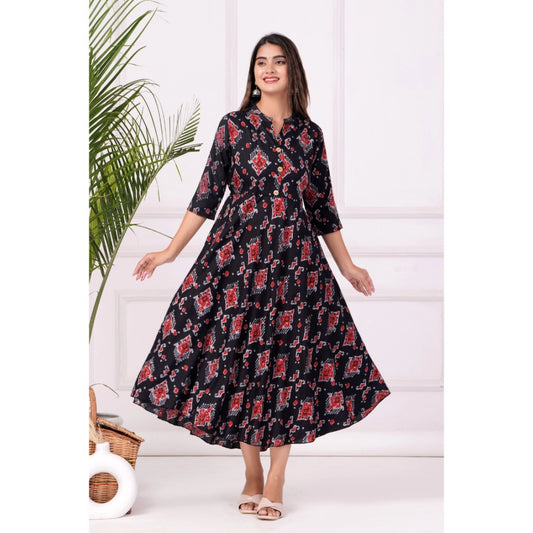 Women's Casual 3/4 Sleeve Printed Rayon Anarkali Gown (Black)