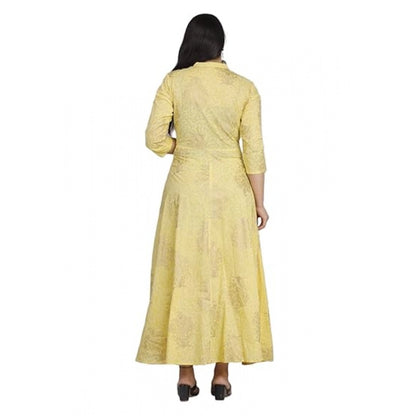 Women's Casual 3/4 Sleeve Floral Printed Rayon Anarkali Gown (Yellow)