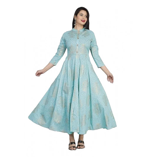 Women's Casual 3/4 Sleeve Floral Printed Rayon Anarkali Gown (AquaBlue)