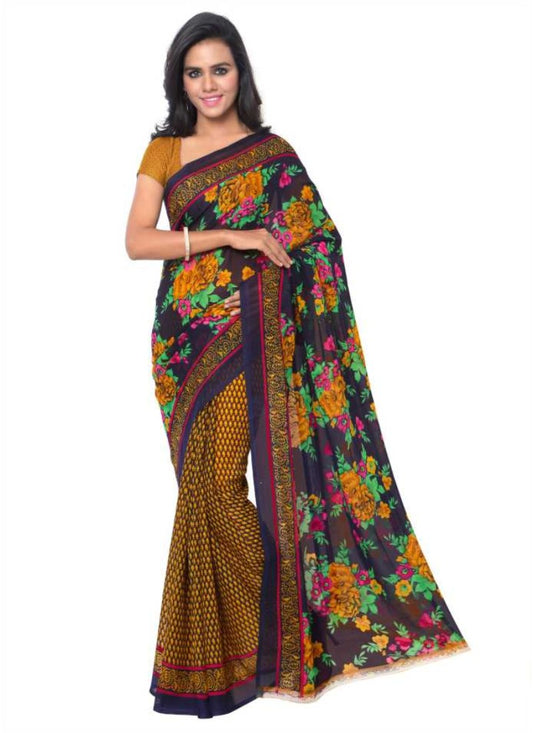 Printed Faux Georgette Gold Color Saree