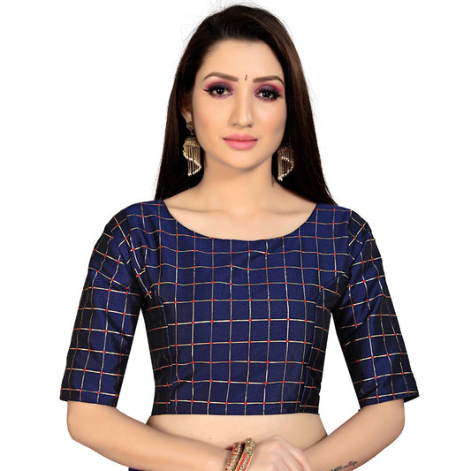 Generic Women's Brocade, Inner-Cotton Full Stitched Padded Blouse (Navy Blue )