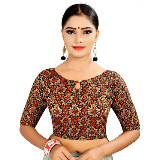 Generic Women's Brocade, Inner-Cotton Full Stitched Padded Blouse (Black Red)