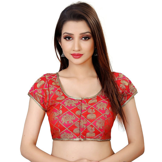 Generic Women's Brocade, Inner-Cotton Full Stitched Padded Blouse (Red)