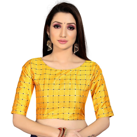 Generic Women's Brocade, Inner-Cotton Full Stitched Padded Blouse (Yellow )