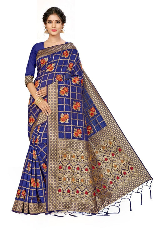 Generic Women's Banarasi Silk Saree (Navy blue, 5-6mtrs)