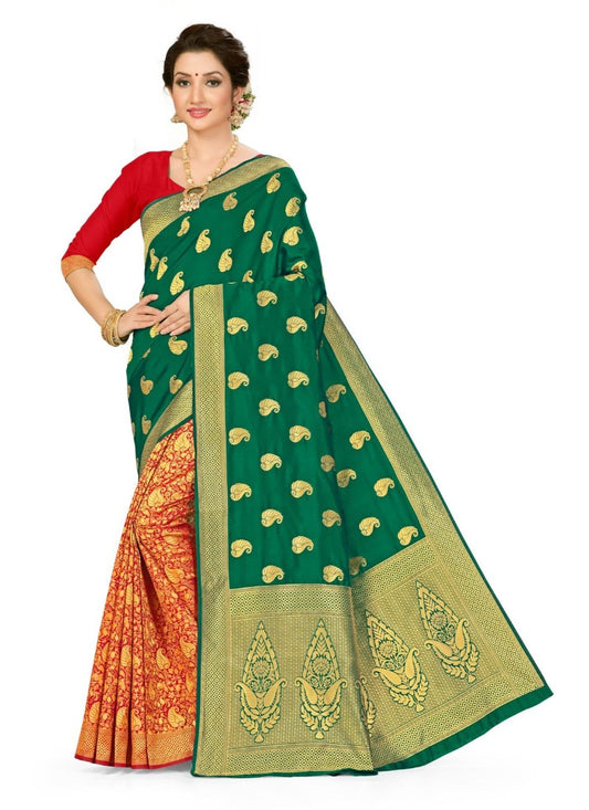 Generic Women's Banarasi Silk Saree (Green,red, 5-6mtrs)