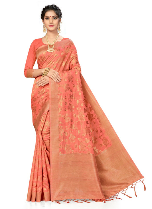 Generic Women's Banarasi (Spun Cotton) Saree (Pink,5-6 Mtrs)