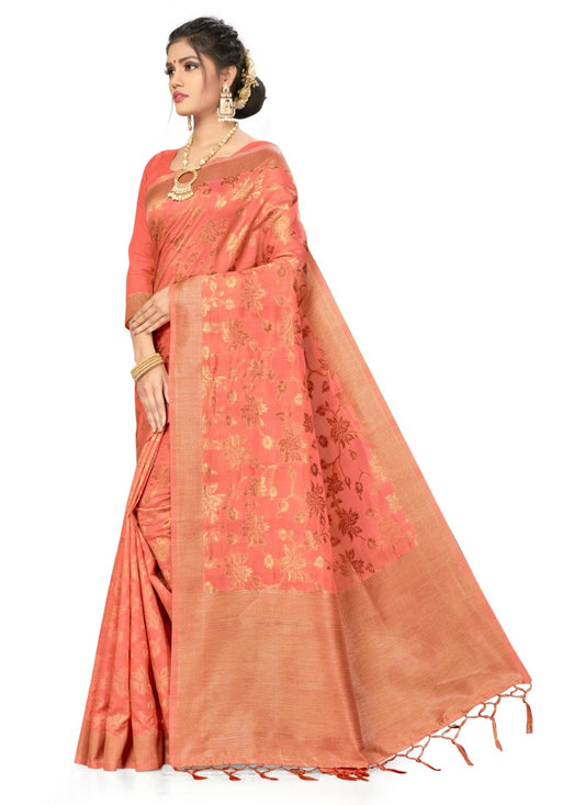 Generic Women's Banarasi (Spun Cotton) Saree (Light Pink,5-6 Mtrs)