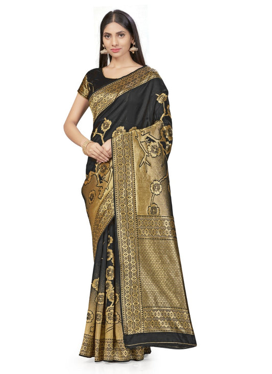 Generic Women's Banarasi Silk Saree (Black,5-6 Mtrs)