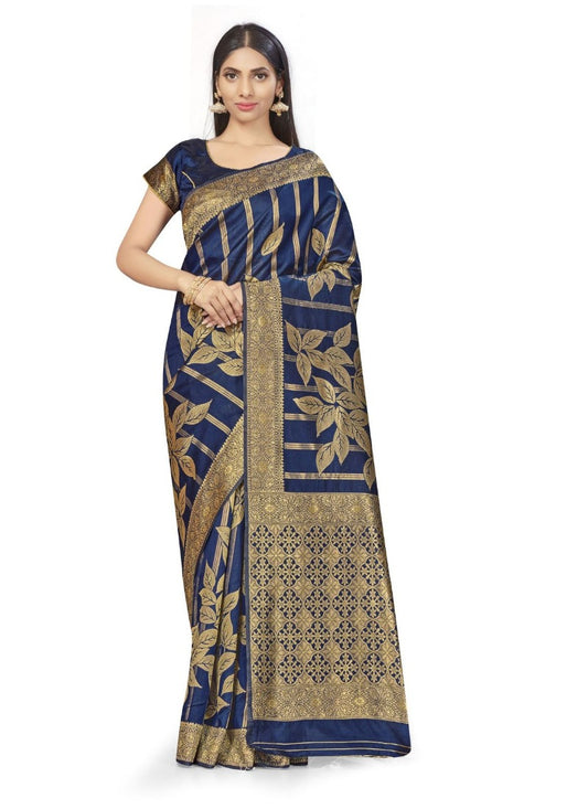 Generic Women's Banarasi Silk Saree (Navy Blue,5-6 Mtrs)