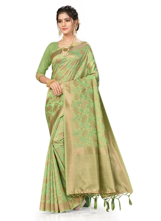 Generic Women's Banarasi (Spun Cotton) Saree (Pista Green,5-6 Mtrs)