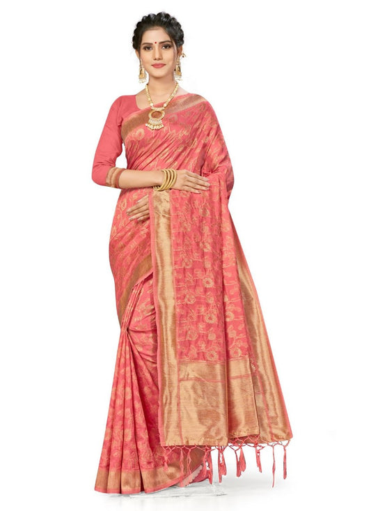 Generic Women's Banarasi (Spun Cotton) Saree (Light Pink,5-6 Mtrs)