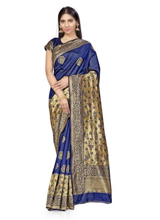 Generic Women's Banarasi Silk Saree (Navy Blue,5-6 Mtrs)