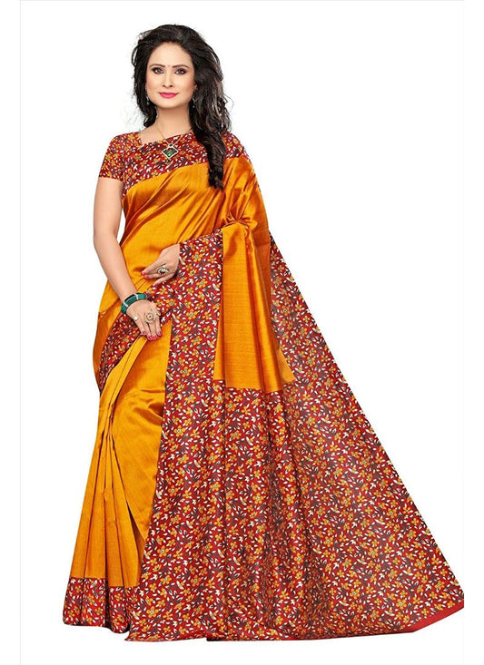 Generic Women's Art Silk Saree With Blouse (Yellow, 5-6mtrs)