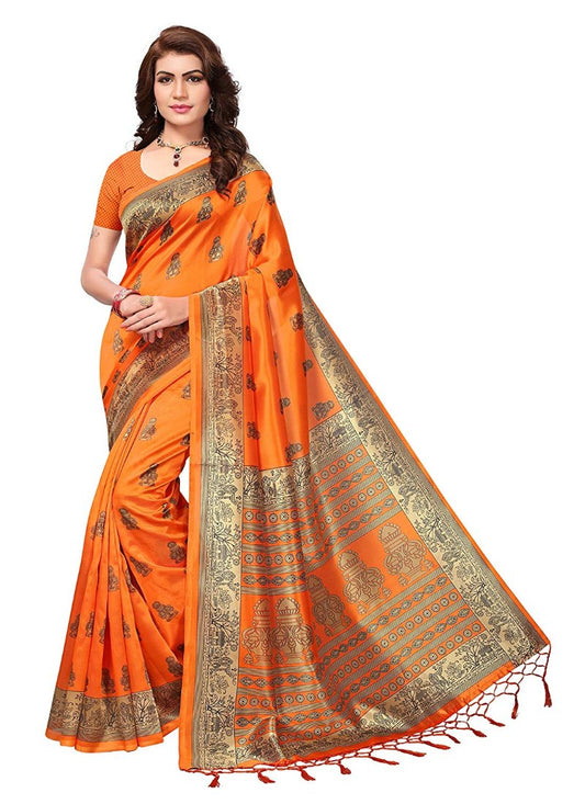 Generic Women's Art Silk Saree With Blouse (Orange, 5-6mtrs)