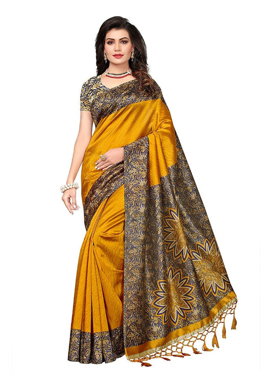 Generic Women's Art Silk Saree With Blouse (Yellow, 5-6mtrs)
