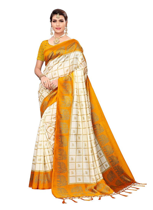 Generic Women's Art Silk Saree With Blouse (Orange, 5-6mtrs)