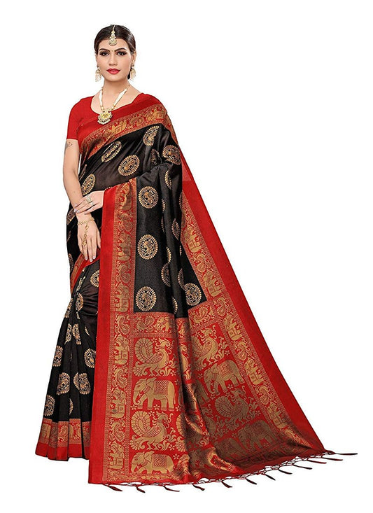 Generic Women's Art Silk Saree With Blouse (Black, 5-6mtrs)