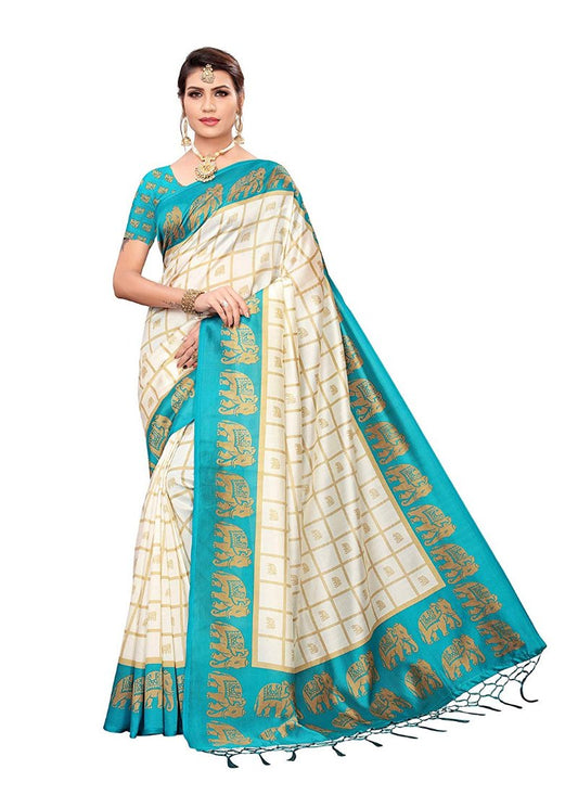 Generic Women's Art Silk Saree With Blouse (Turquoise, 5-6mtrs)