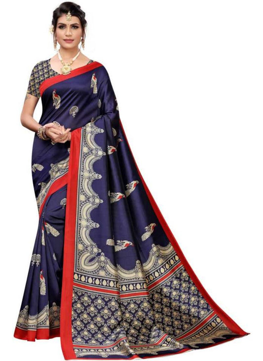 Generic Women's Art Silk Saree With Blouse (Navy Blue, 5-6mtrs)