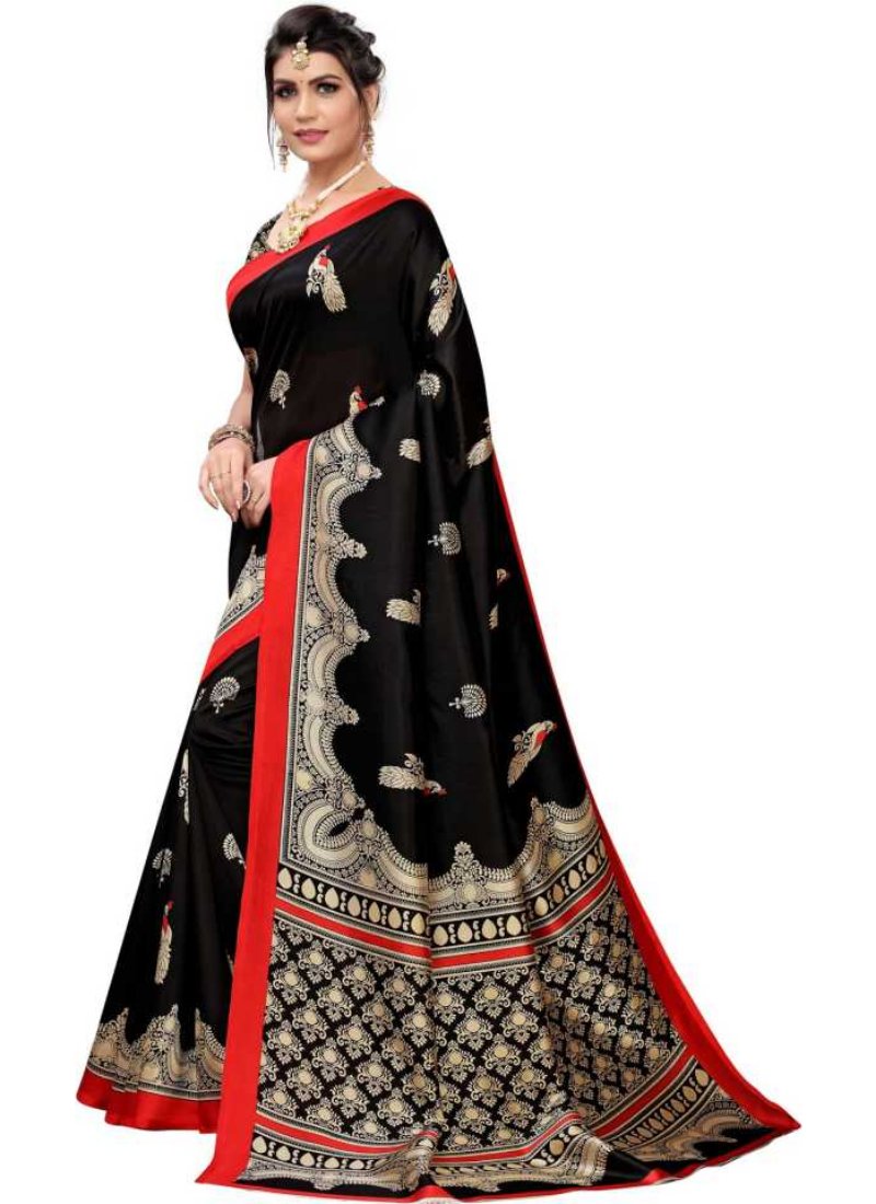 Generic Women's Art Silk Saree With Blouse (Black, 5-6mtrs)