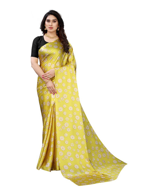 Generic Women's Soft Japan Satin Saree With Blouse (Yellow, 5-6Mtrs)