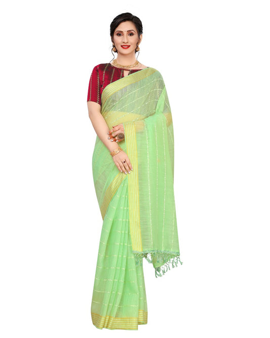 Generic Women's Cotton Saree With Blouse (Parrot Green, 5-6Mtrs)