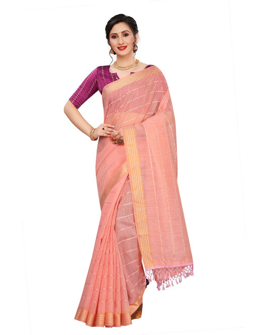 Generic Women's Cotton Saree With Blouse (Pink, 5-6Mtrs)