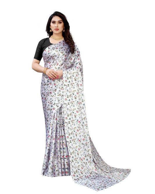 Generic Women's Soft Japan Satin Saree With Blouse (White, 5-6Mtrs)