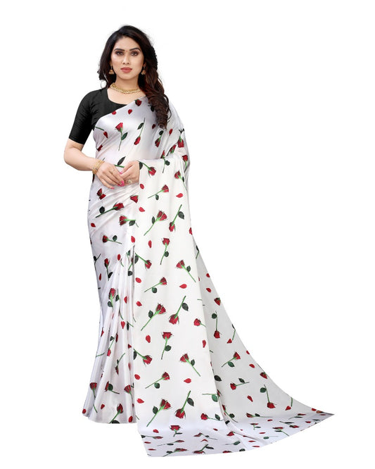Generic Women's Soft Japan Satin Saree With Blouse (White, 5-6Mtrs)