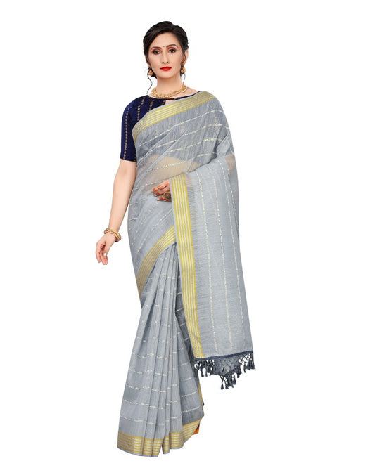 Generic Women's Cotton Saree With Blouse (Grey, 5-6Mtrs)