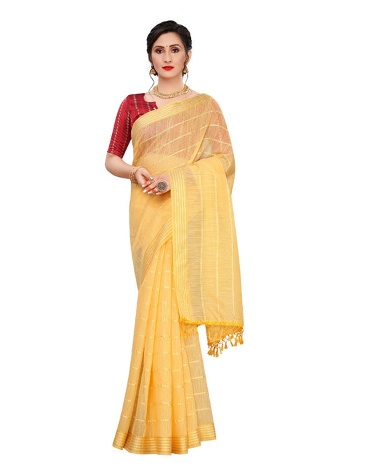 Generic Women's Cotton Saree With Blouse (Yellow, 5-6Mtrs)