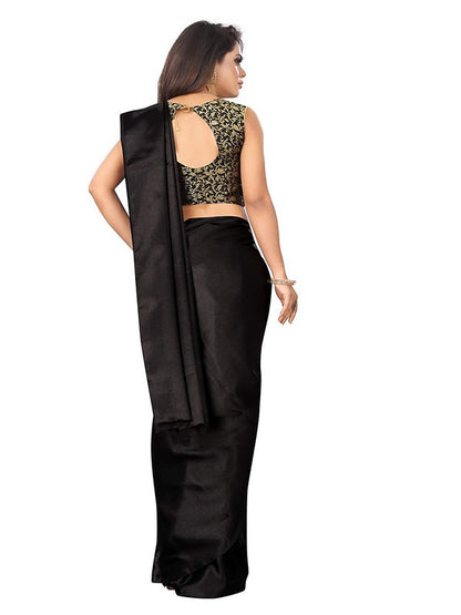 Generic Women's Satin Saree With Blouse (Black, 5-6mtrs)