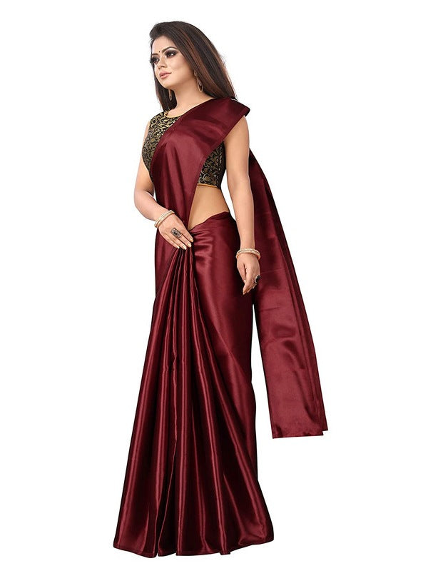 Generic Women's Satin Saree With Blouse (Maroon, 5-6mtrs)