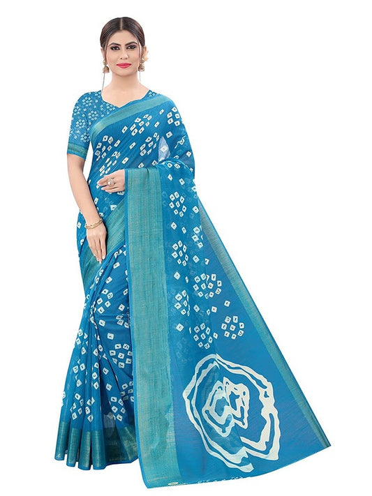 Generic Women's Cotton Silk Saree With Blouse (Sky Blue, 5-6mtrs)