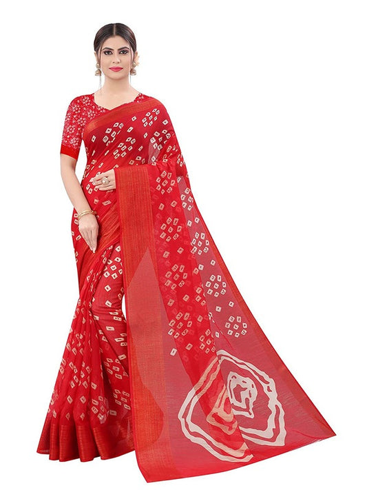 Generic Women's Cotton Silk Saree With Blouse (Red, 5-6mtrs)