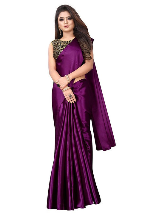 Generic Women's Satin Saree With Blouse (Wine, 5-6mtrs)