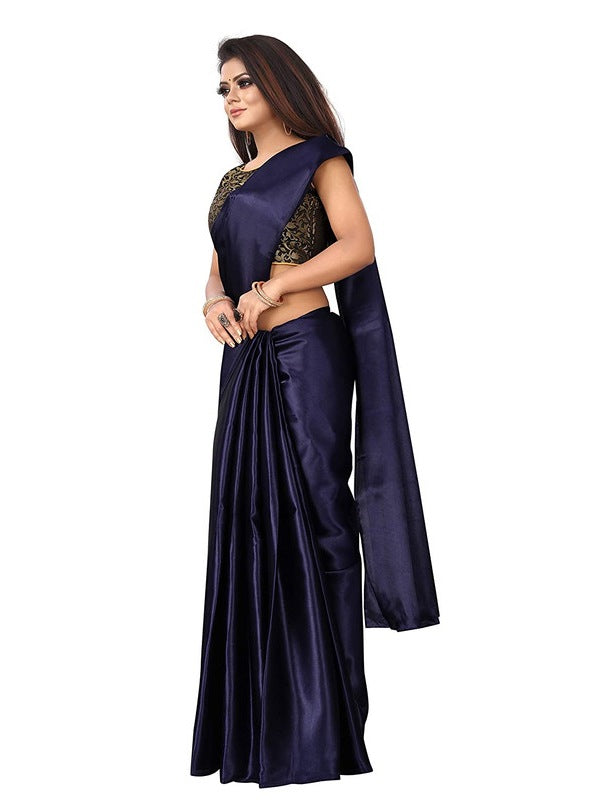 Generic Women's Satin Saree With Blouse (Navy Blue, 5-6mtrs)