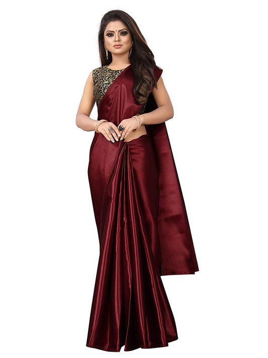 Generic Women's Satin Saree With Blouse (Maroon, 5-6mtrs)