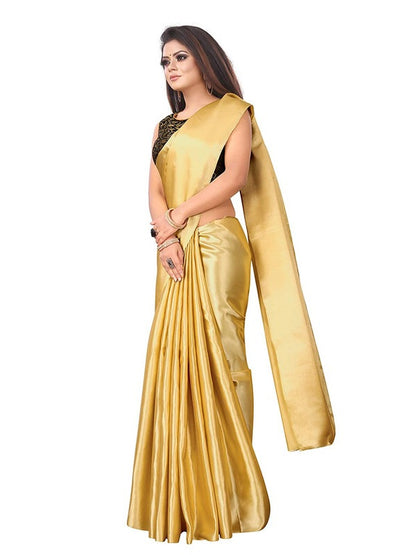 Generic Women's Satin Saree With Blouse (Gold, 5-6mtrs)