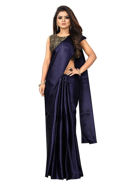 Generic Women's Satin Saree With Blouse (Navy Blue, 5-6mtrs)