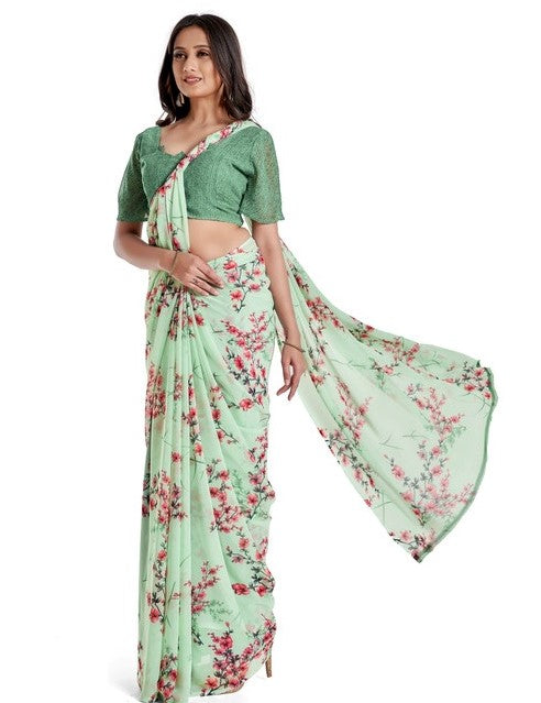 Generic Women's Georgette Saree With Blouse (Light Green, 5-6mtrs)