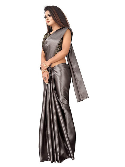 Generic Women's Satin Saree With Blouse (Grey, 5-6mtrs)