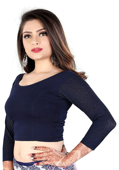 Generic Women's 3/4 th Sleeve Cotton Lycra Readymade Blouse (Navy Blue, Free Size)