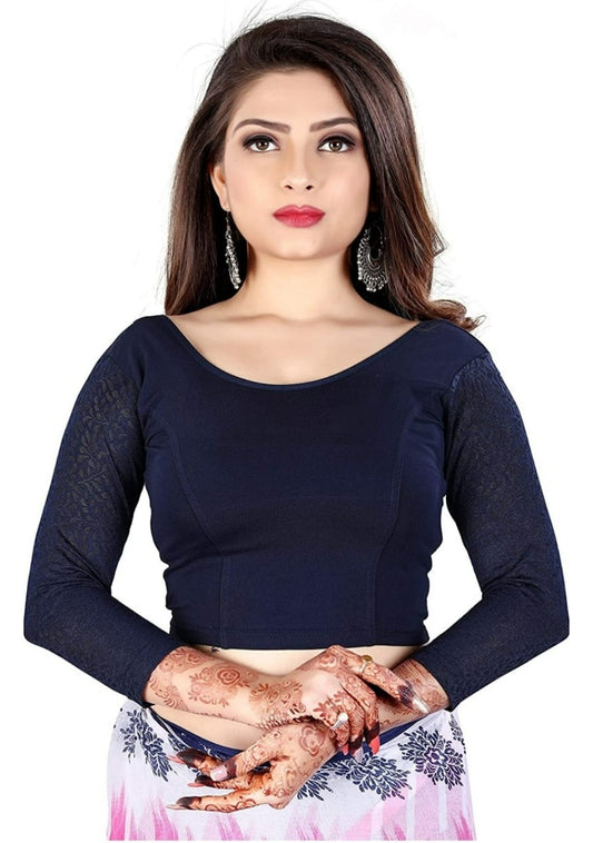 Generic Women's 3/4 th Sleeve Cotton Lycra Readymade Blouse (Navy Blue, Free Size)