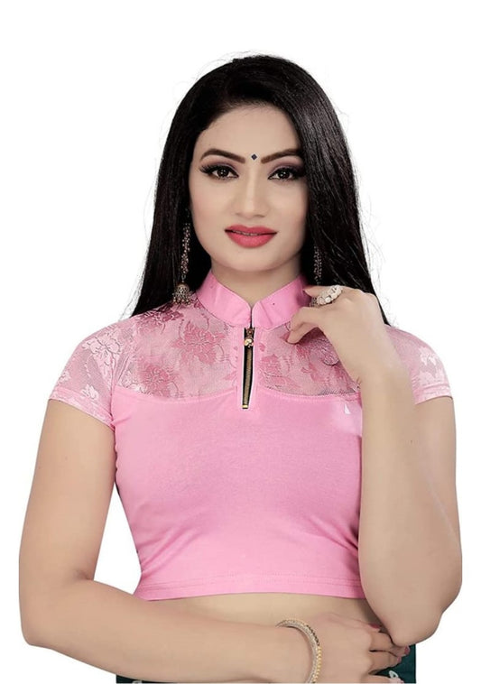 Generic Women's Short Sleeve Cotton Lycra Readymade Blouse (Baby Pink, Free Size)