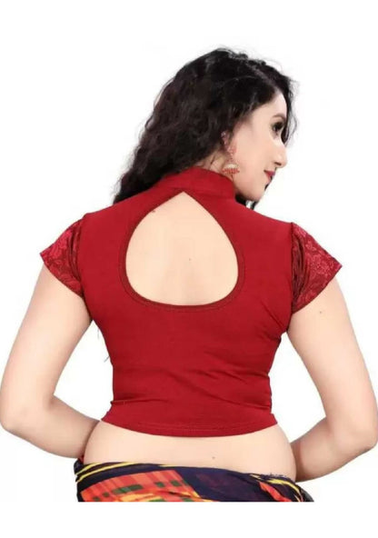 Generic Women's Short Sleeve Cotton Lycra Readymade Blouse (Maroon, Free Size)