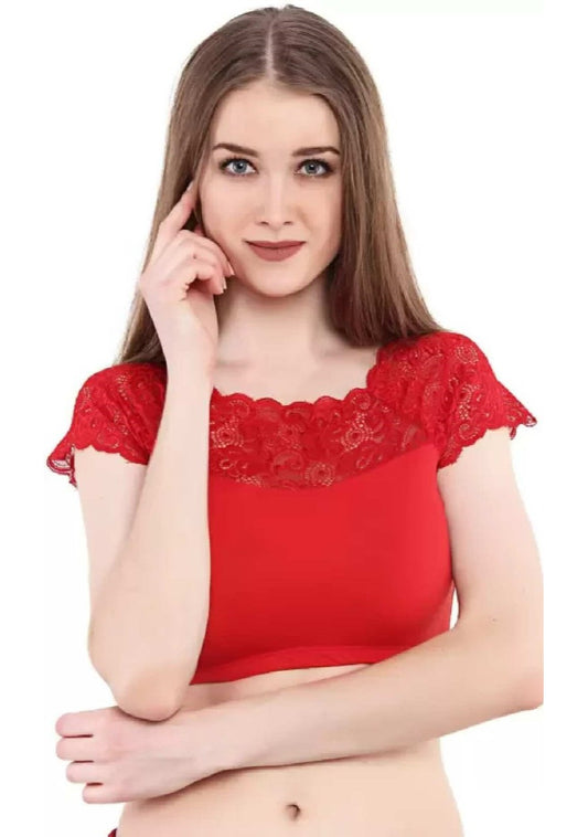 Generic Women's Short Sleeve Cotton Lycra Readymade Blouse (Red, Free Size)